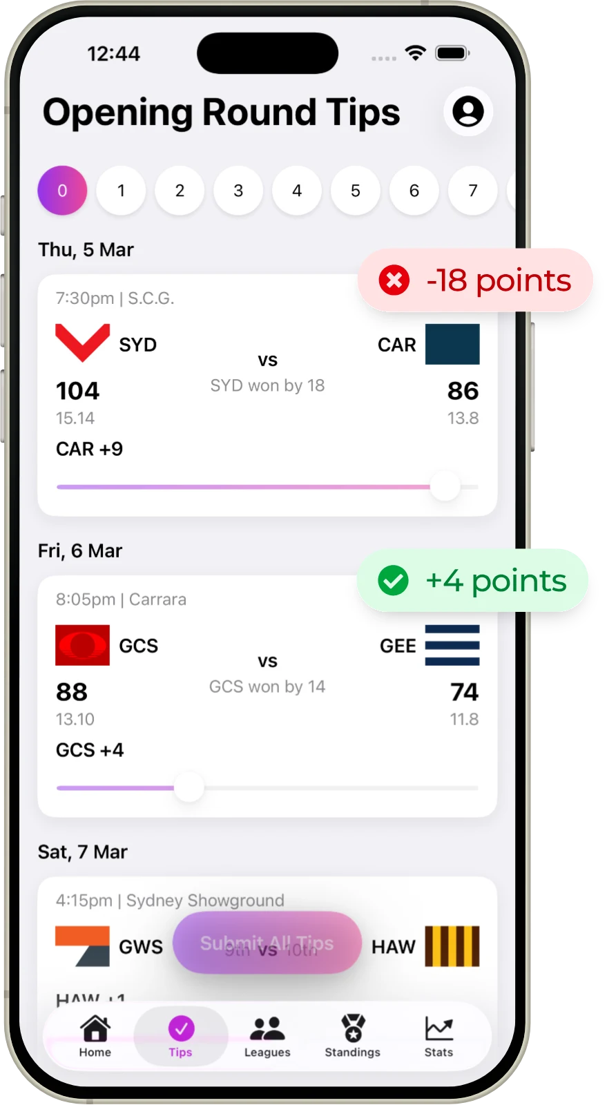 Settled tips showing points won and lost
